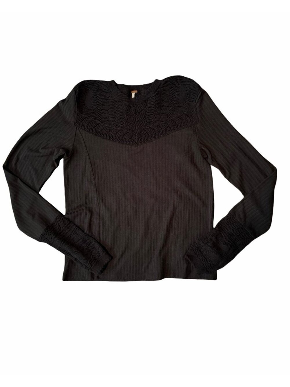 Free People M Black "Colette" Long Sleeve Pointelle Ribbed Crochet Knit Top - Picture 2 of 8